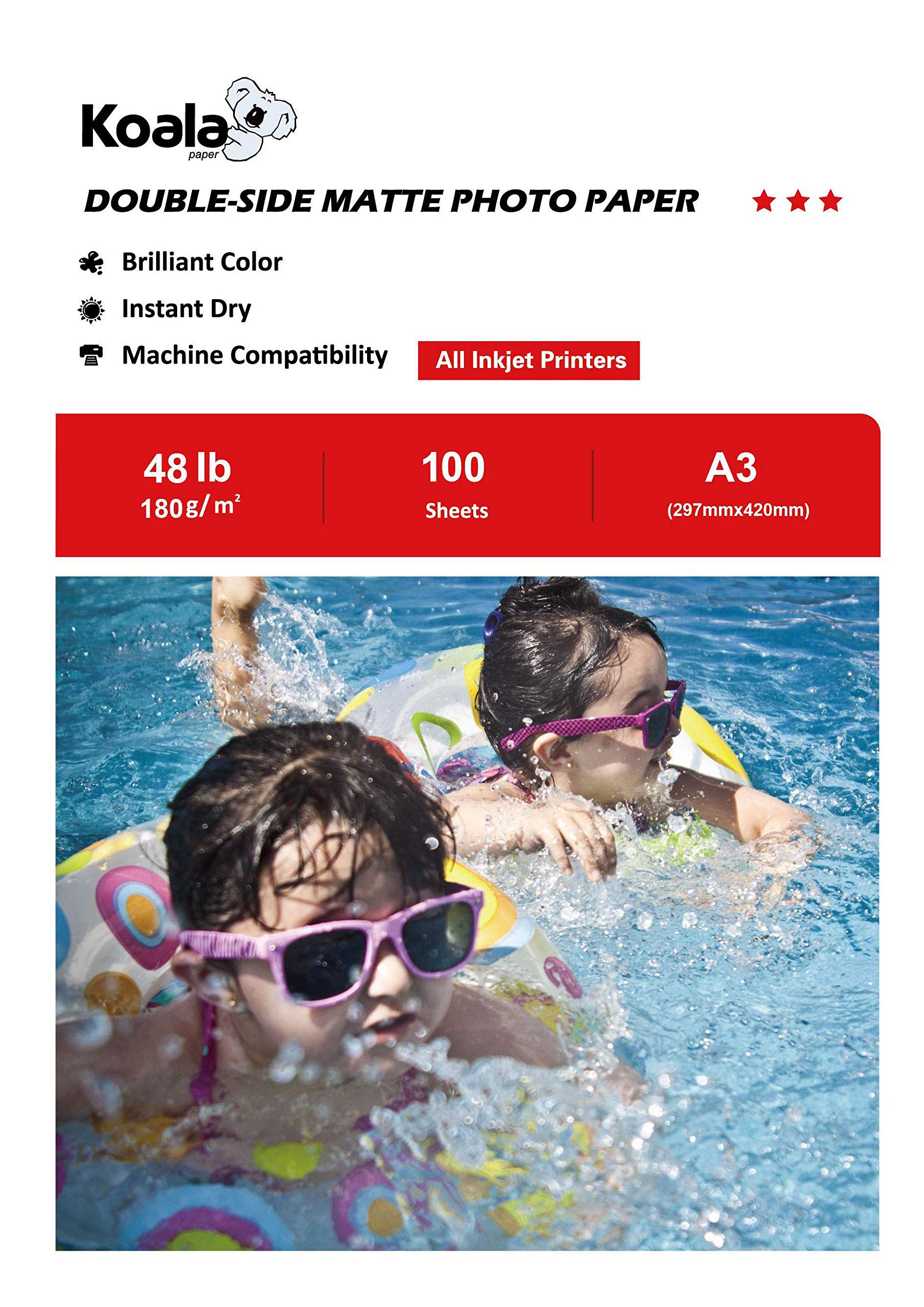 KOALA Double Sided Matte Inkjet Photo Paper A3, 180gsm, 100 Sheets for Inkjet Printers. Suitable for Printing Photos, Brochures, Covers, Certificates, Booklets, Flyers, Leaflets, Cards, Calendars