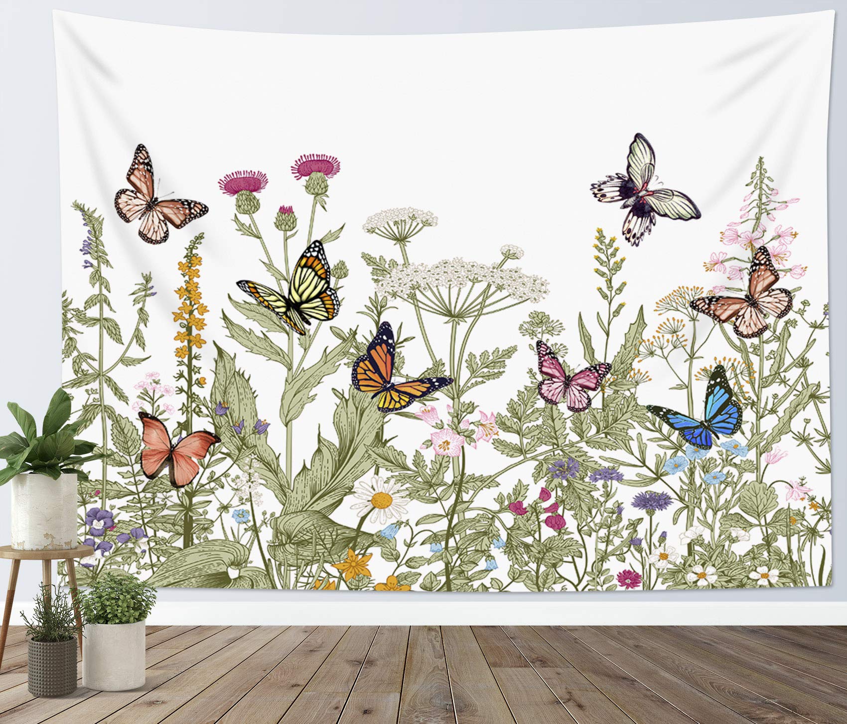 HVEST Floral Butterfly Tapestry Wall Hanging, Sage Green Leaves and Wildflower Butterfly Wall Decor Spring Plant Tapestry for Bedroom Living Room Wall Decoration, 60x40 Inches