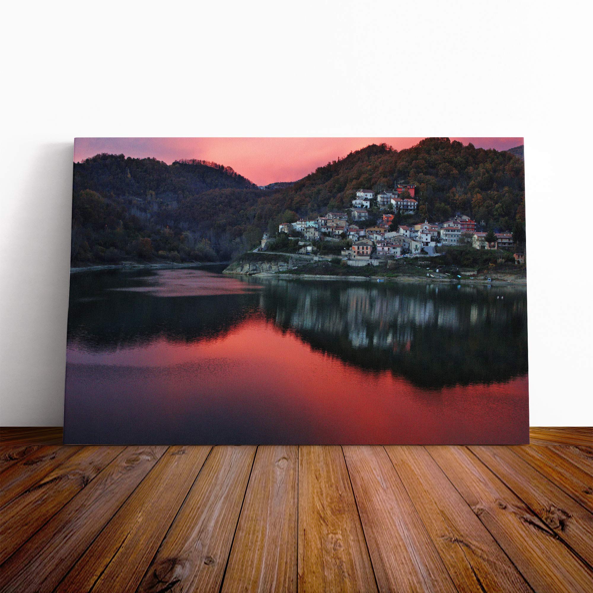 Rieti Italy Sunset Lake and Landscape Canvas Print | Gallery Wrapped 30mm Frame Wall Art | 20x14 inches | Ready to Hang | Contemporary Landscape Picture | Living Room Bedroom Lounge Office