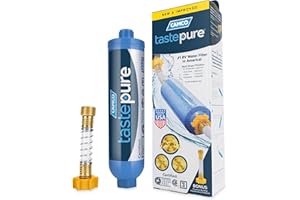 Camco Tastepure RV Water Filter - Advanced RV Inline Water Filter with Flexible Hose Protector - GAC & KDF Filtration - Made in USA - Camping Essentials for Fresh Drinking Water (40043)
