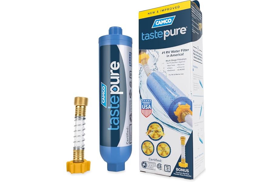 Camco Tastepure RV Water Filter - GAC & KDF Filtration - Made in the USA | Advanced RV Inline Water Filter with Flexible Hose