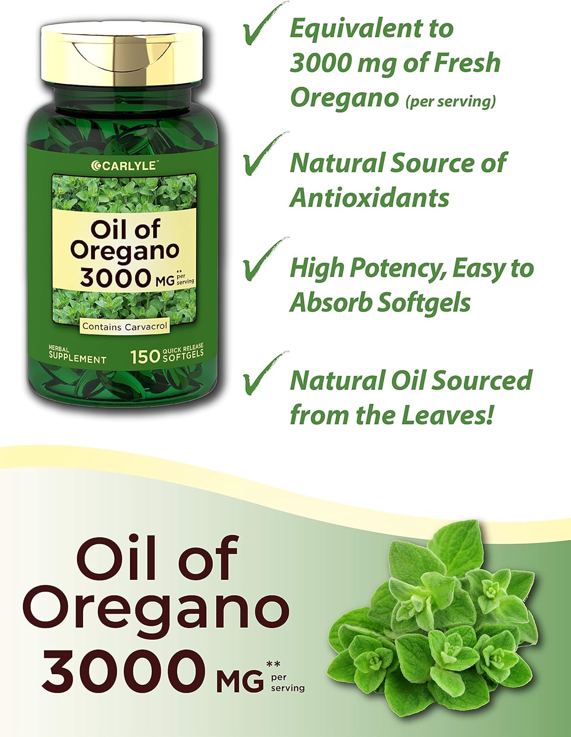 Oregano Oil 3000mg | 150 Softgel Capsules | Non-GMO and Gluten Free Supplement | Contains Carvacrol | Max Potency Extract | by Carlyle: Health & Personal Care
