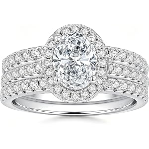 HAULTENG Three-in-One Oval Cut Moissanite Wedding Sets For Women Sz 5-10 | White Gold & Silver Plated Halo Wedding Ring,Promi