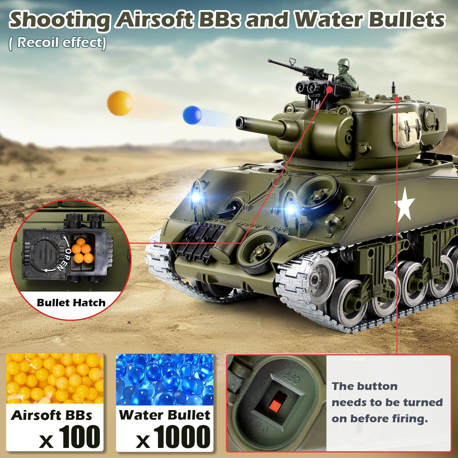Supdex 1:18 RC Tank, Metal US M4A3 Sherman Remote Control Model Army Tank That Shoots BBS and Water Bombs, 2.4Ghz RC Vehicle Military Toys with Smoke, Lights, Sound, and Recoil for Kids and Adults