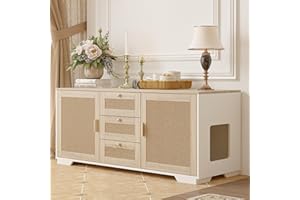 FACEKET Cat Litter Box Enclosure Furniture Hidden Indoor 2-in-1 Wooden Cat & Washroom Cabinet with Scratching Board Doors and 3 Drawer for 2 Cats, 55"x20"x24"H