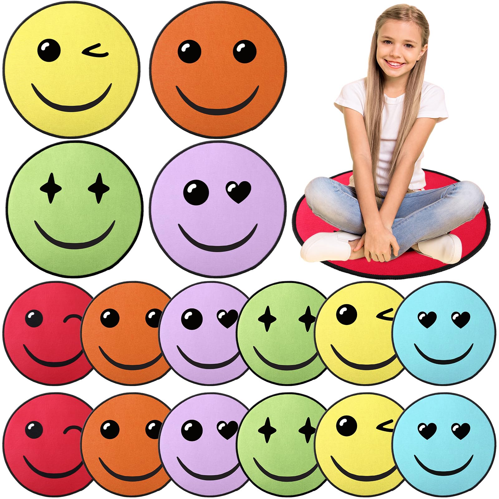 Photo 1 of Tinideya 12 Pcs Circle Carpet Seats for Classroom 15.5 Inch Smile Faces Round Classroom Rug Floor Mat Floor Cushions Group Activity Spots Marker for Playroom