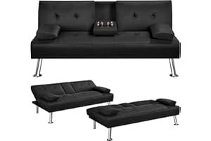 Yaheetech Linen Fabric Modern Sofa Bed Futon Couch Bed Folding Recliner Sleeper Reversible Loveseat Convertible Daybed, 2 Cup Holders, 3 Angles, 772lb Capacity, Removable Armrests, Black