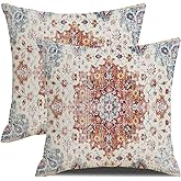 SHAPTOY Boho Throw Pillows Cover 18x18 Inch Orange Blue Teal Ethnic Carpet Pillow Covers Set of 2 Farmhouse Fall Coral Floral Linen Decorative Pillow Cases for Outdoor Living Room Couch Sofa Decor