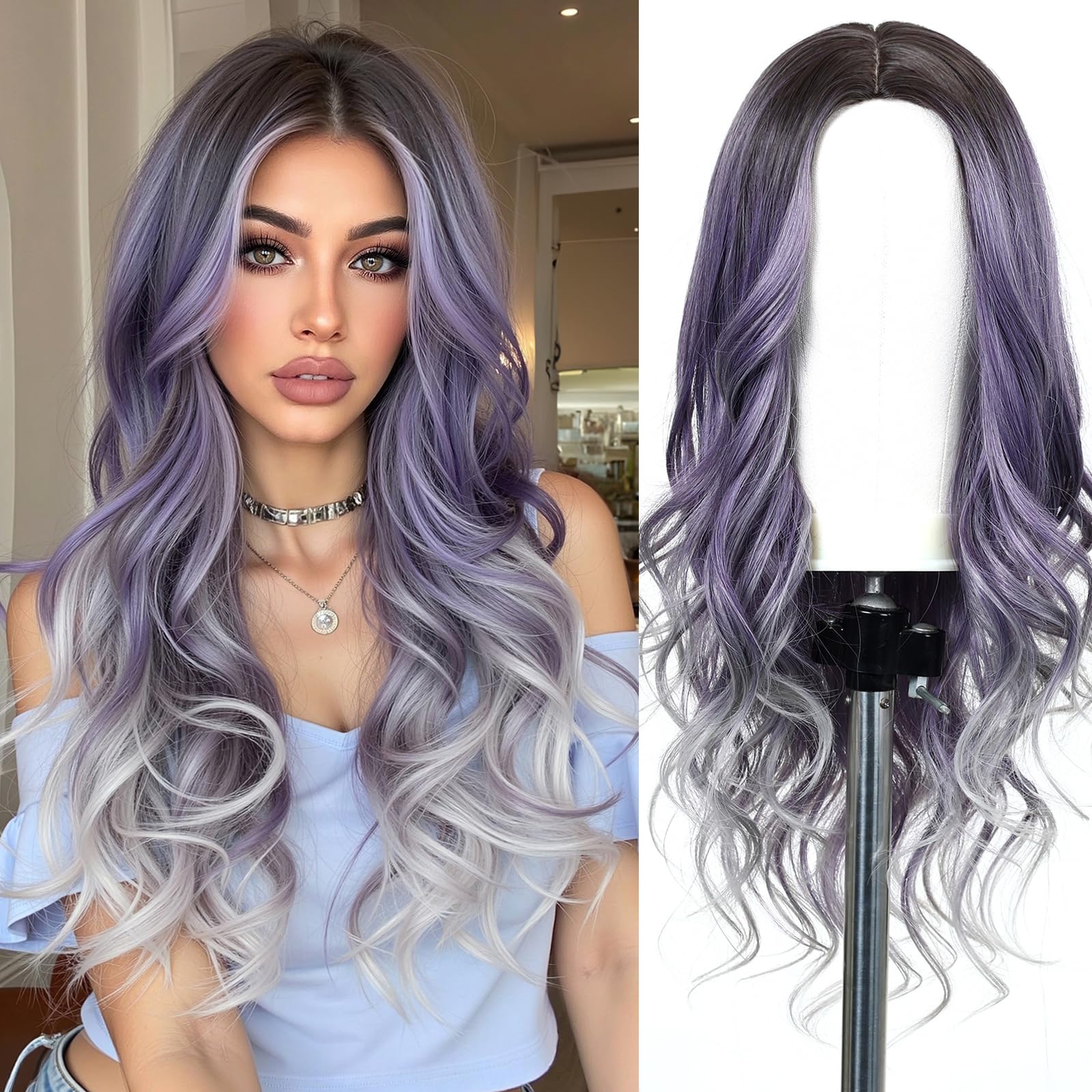 Esmee 24 Inches Ombre Purple to Grey Wigs for Women Synthetic Heat Resistant Fiber Natural Long Wave Wigs for Daily Party Cosplay Wear — image 1