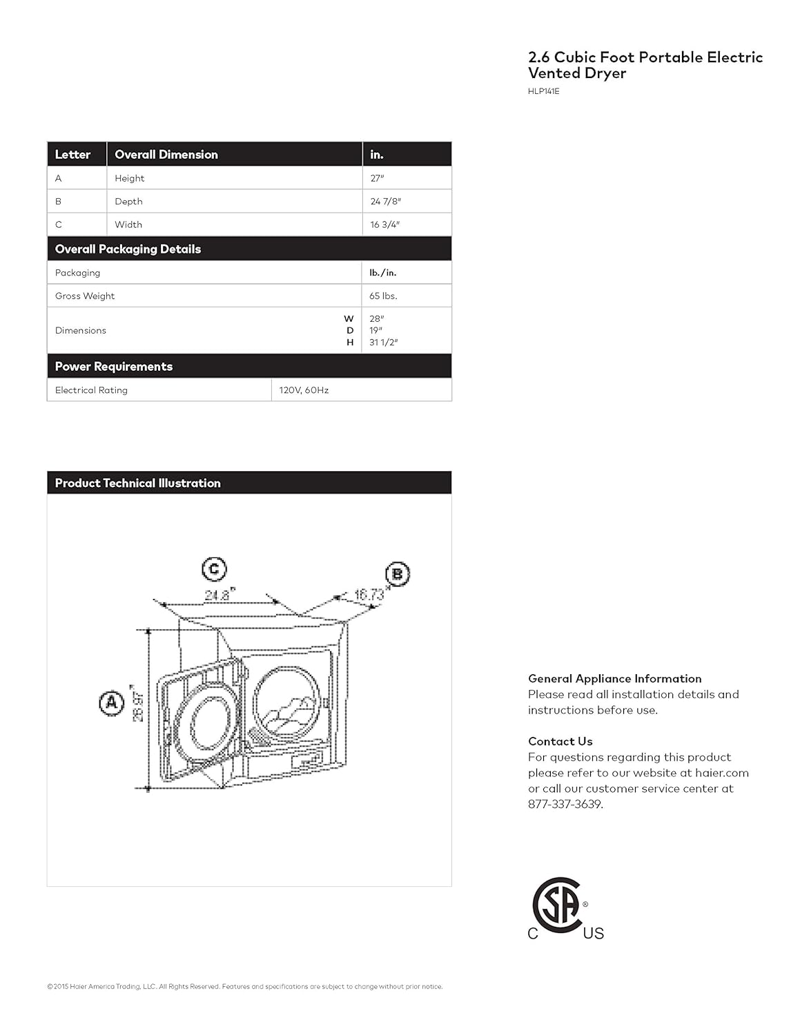 Haier HLP141E 2.6 cu ft Compact Electric Vented Dryer with Zinc Coated