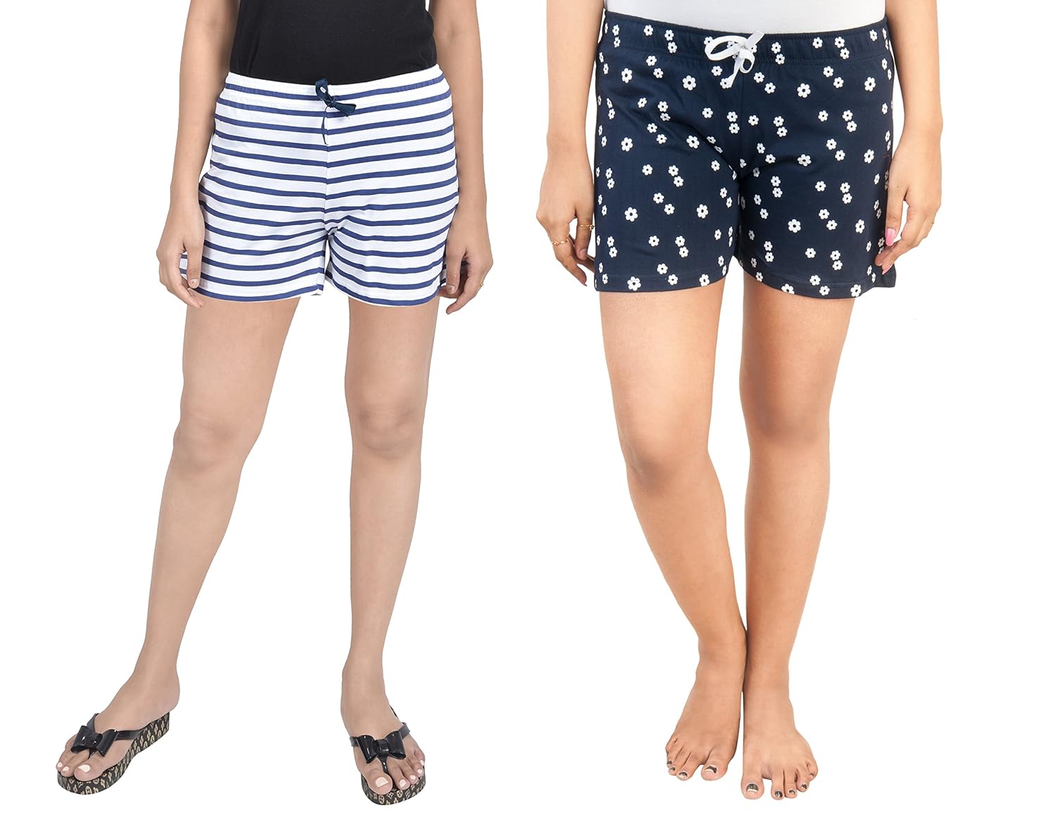 a9- women printed white, dark blue shorts - pack of 2