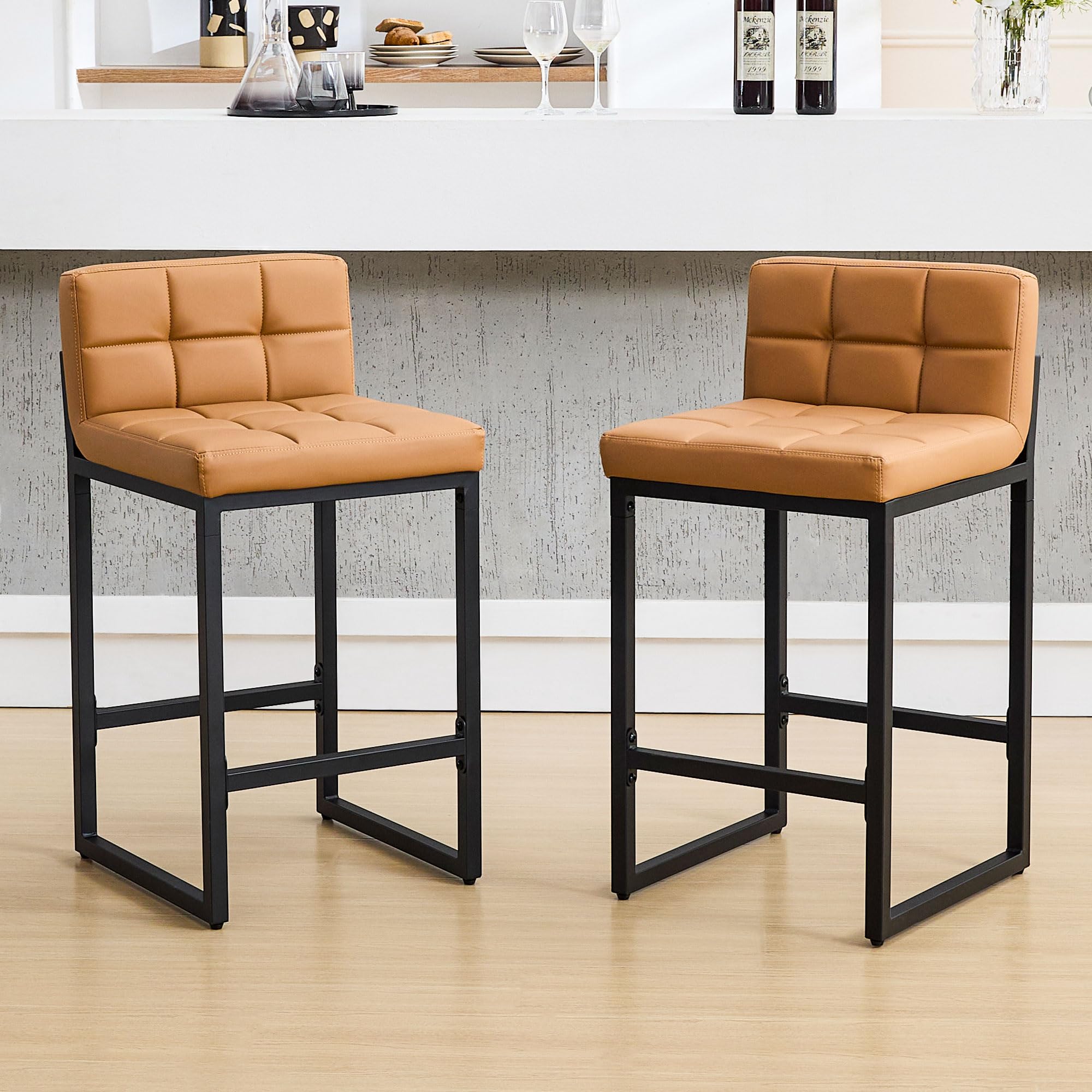 FIRAVOE Counter Height Bar Stools Set of 2, Modern Faux Leather Counter Stools with Low Back and Footrest, Upholstered Bar Chairs for Kitchen Island, Bar, Counter (Caramel Brown, 2Pcs 26" Bar Stools) Image
