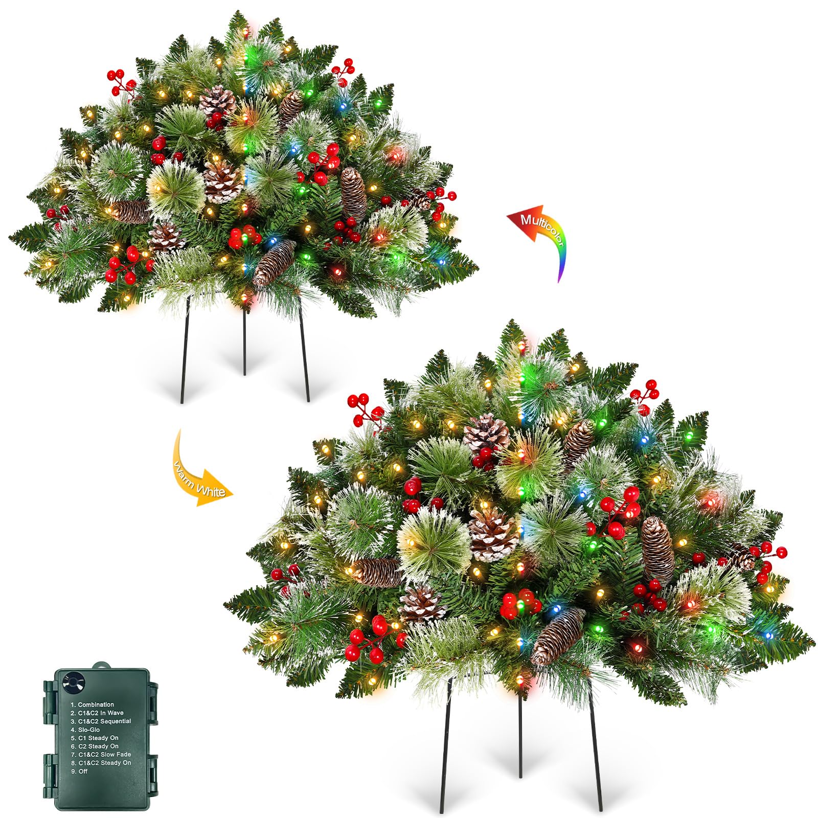 8つのモード&タイマー - 24インチのライト付きクリスマスツリー屋外骨壺フィラー、ウォームホワイト&マルチカラーチェンジライト付き、雪に覆われた松ぼっくりのベリー、三脚、杭、クリスマスツリー、プランターフィラー、クリスマスデコレーション、庭のポーチ。商品画像