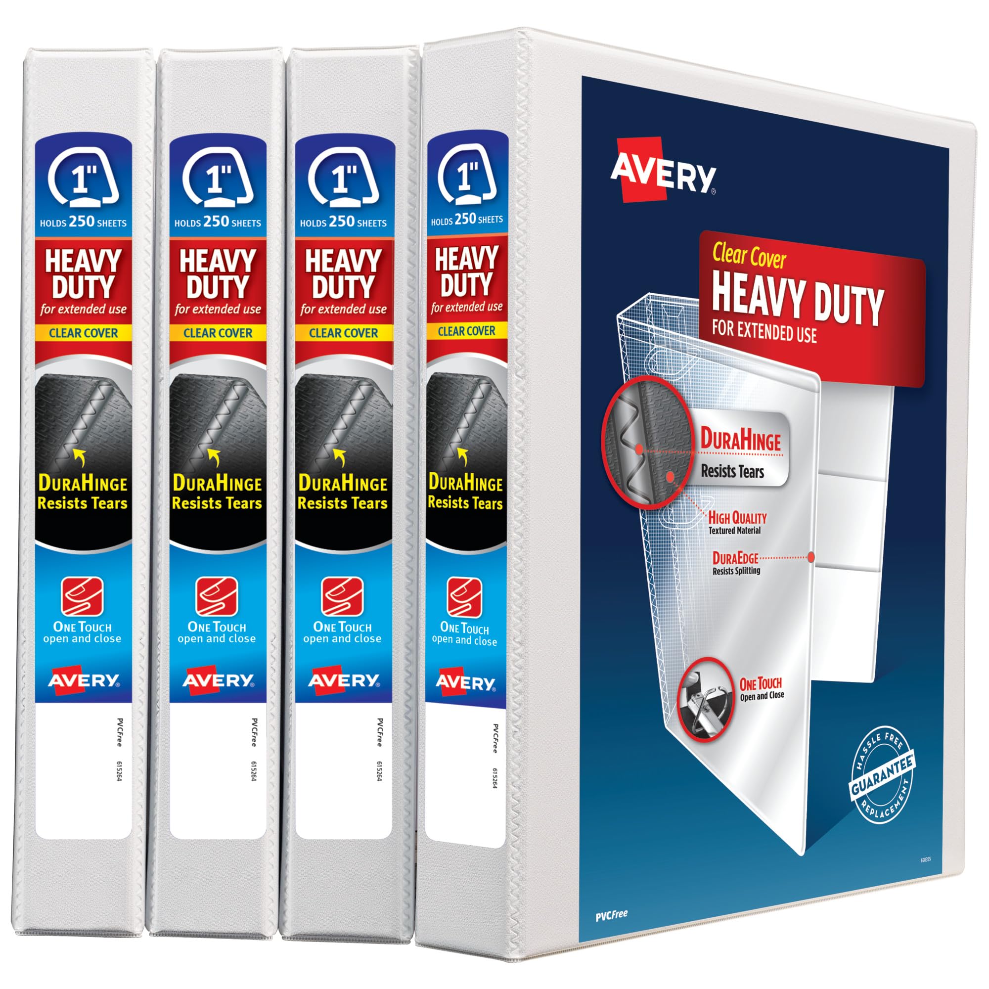 Avery Heavy Duty View 3 Ring Binder, 1" One Touch Slant Ring, Holds 8.5" x 11" Paper, 4 White Binders (79780)