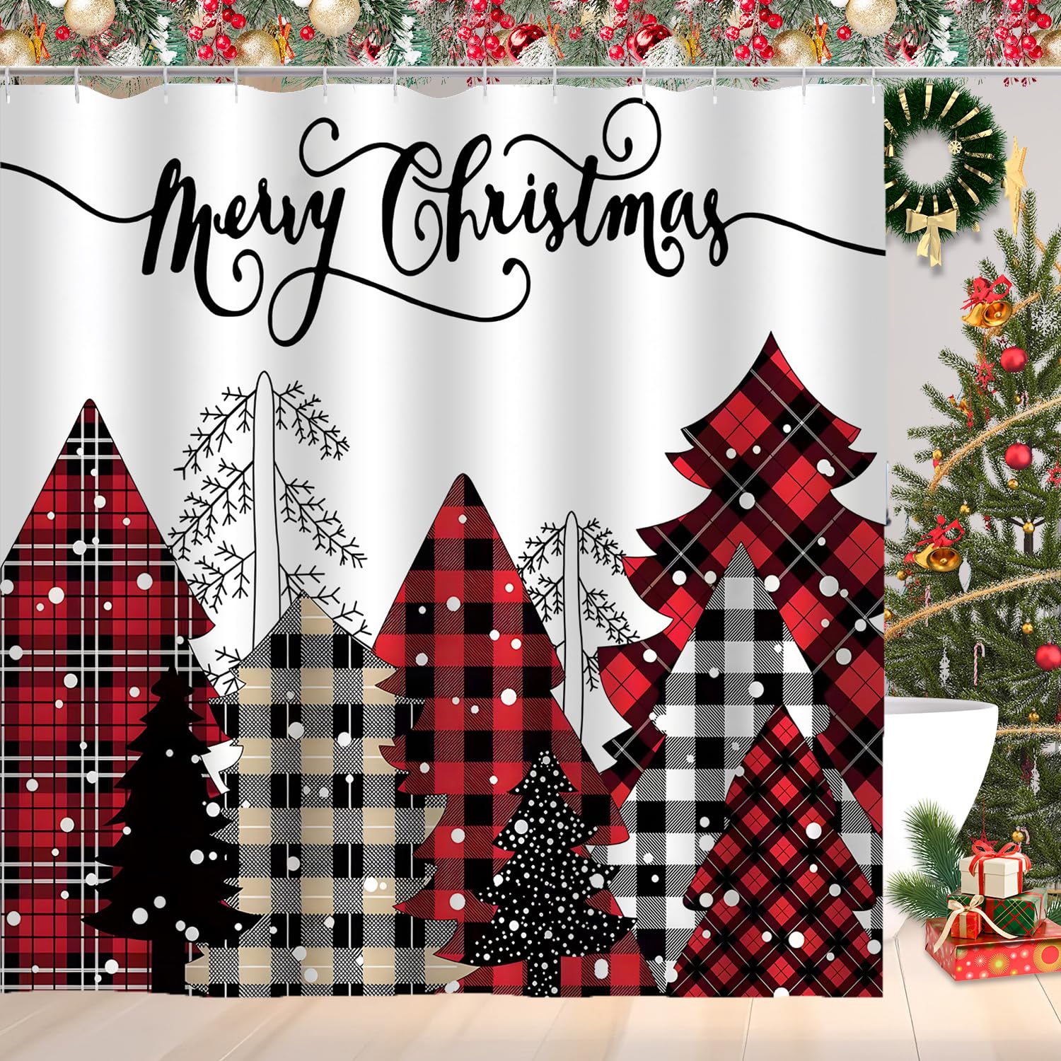 CoFlink 71×71 Inch Merry Christmas Shower Curtain, Waterproof Polyester Fabric Xmas Shower Curtain with 12 Hooks Machine Washable Quick Dry for Bathroom Decor (Red White)