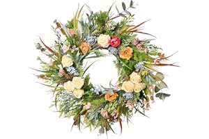 Beinhome 20in Spring Wreath for Front Door, Yellow Rose Lavender Wreath Spring Summer Wreath Decorated with Small Red Peonies Blue Hydrangeas and Fruits for Window Home Kitchen Wall Decorative Wreath