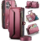Strapurs Wallet Case Compatible with iPhone 16 6.1" RFID Blocking 7-Card Holder Soft PU Leather Magnetic Snap Shoulder Strap Zipper Pocket Phone Case Fit for iPhone 16 for Women - WineRed