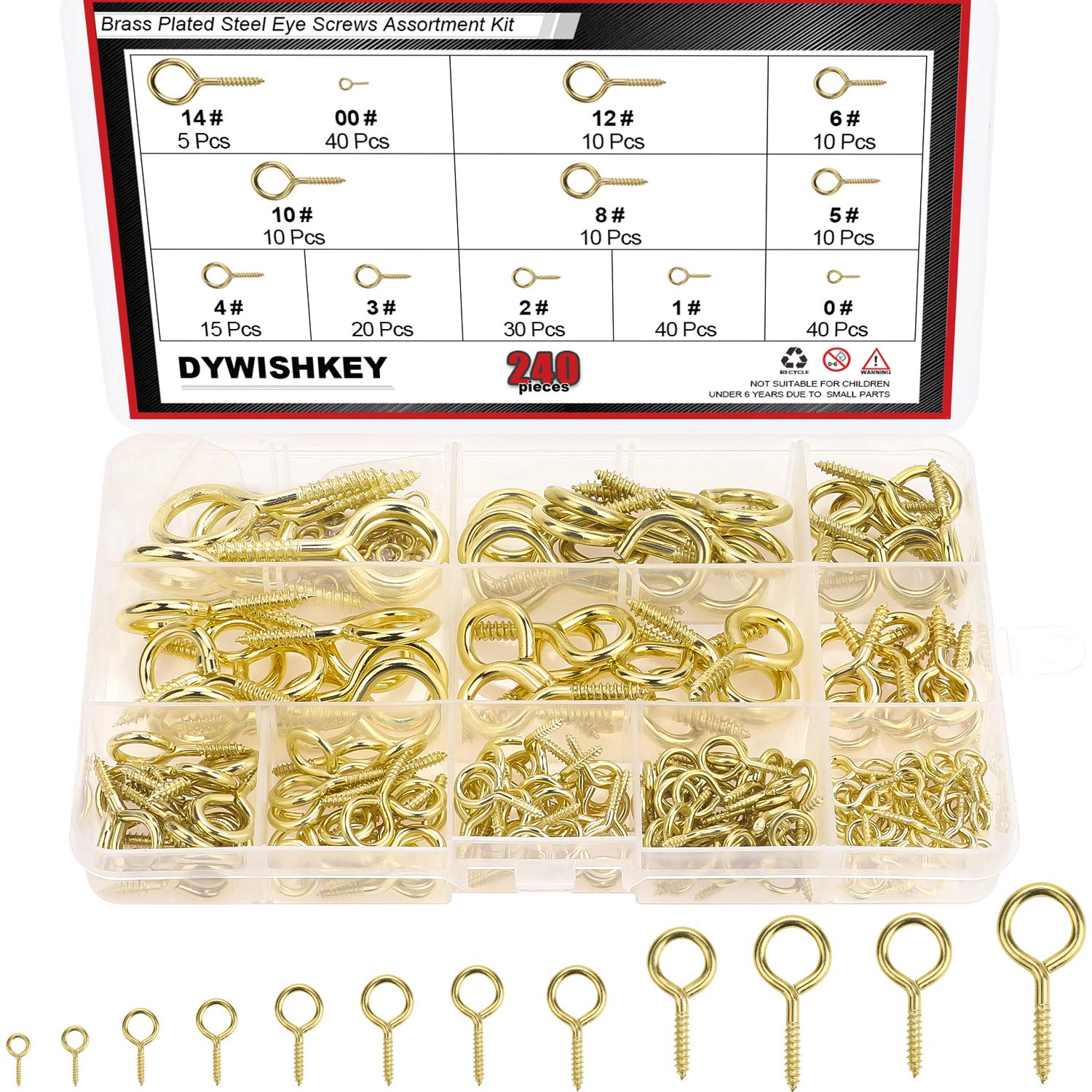 DYWISHKEY 240PCS 12 Sizes Brass Plated Steel Eye Bolts Screw Eyes Assortment Kit