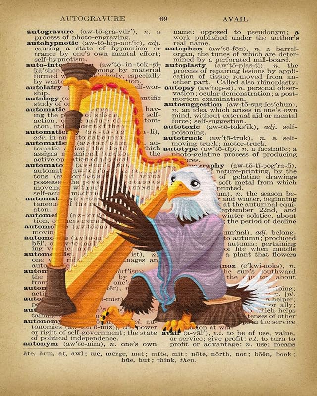 Eagle playing Harp Dictionary Wall Art Prints - Whimsical Animal Musical Harpist Gift Idea for House Warming Christmas Holidays - Decor Vintage Print Dictionary Wall Art Pictures Paintings UnFramed…