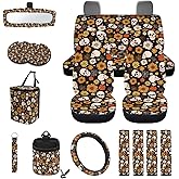 Drydeepin Gothic Skull Floral Print 15Pcs Car Seat Cover Full Set Car Steering Wheel Cover Seat Belt Cover Trash Bin Air Vent Storage Box Front Rear View Mirror Car Cup Holder Keychain