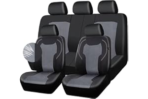 CAR-GRAND Leather Car Seat Covers Full Set, Airbag Compatible Breathable Air Mesh Car Seat Covers, Universal Fit Seat Covers Cushion Protector for Cars Trucks SUV Pick-up Sedan Interior (Black Grey)