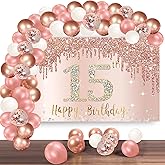 Happy 15th Birthday Banner Backdrop Decorations with Confetti Balloon Garland Arch, Rose Gold 15 Birthday Banner Balloon Set for Girls, Pink 15 Year Old Bday Poster Photo Booth Decor