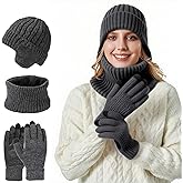 Vettres Winter Hat Scarf Gloves Set for Women Warm Knit Beanie with Touchscreen Gloves and Neck Warmer 3 in 1 Winter Set