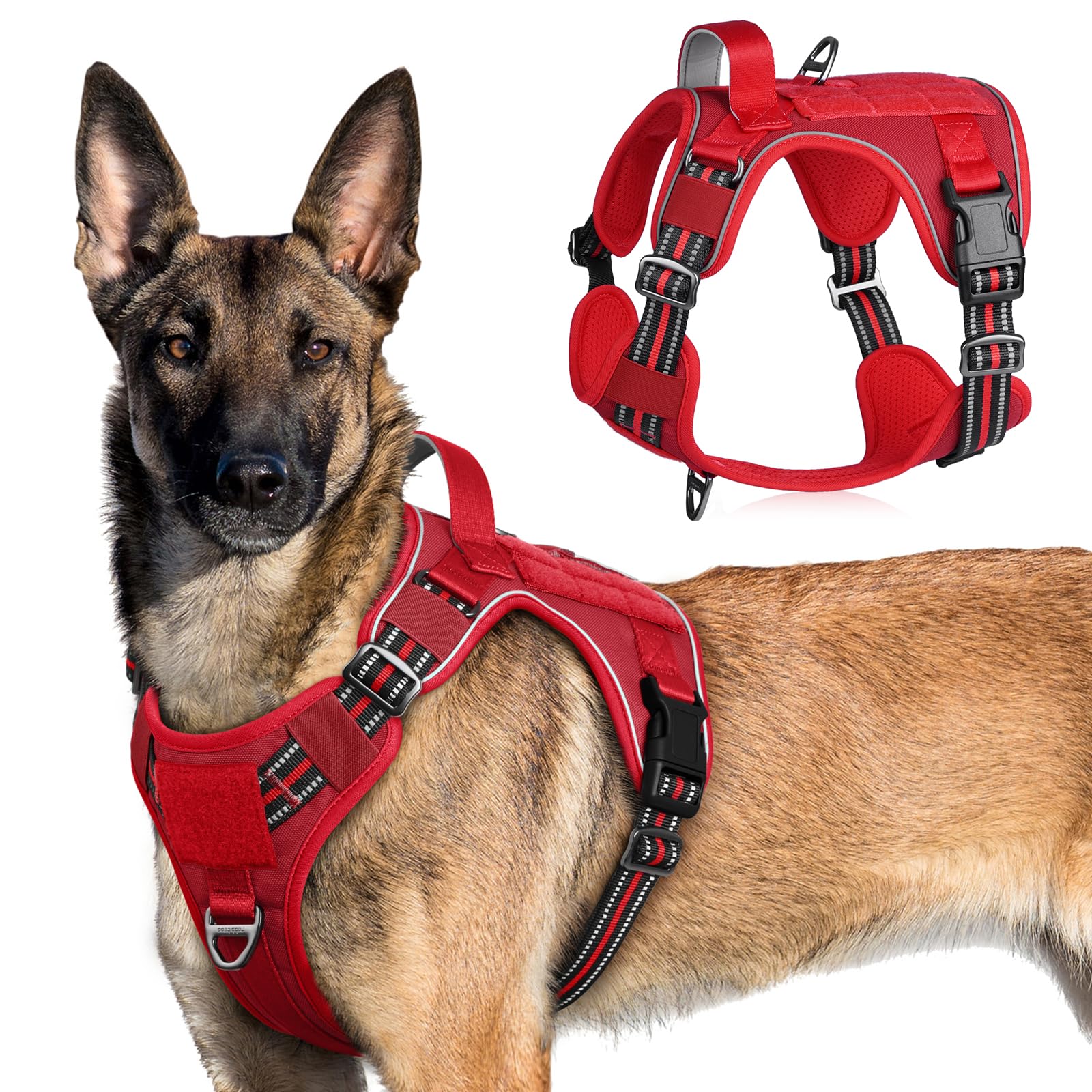 Photo 1 of rabbitgoo Tactical Dog Harness for Large Dogs, No Pull Military Service Vest with Handle & Molle, Easy Control for Training Walking, Adjustable Reflective Straps, Red, XL