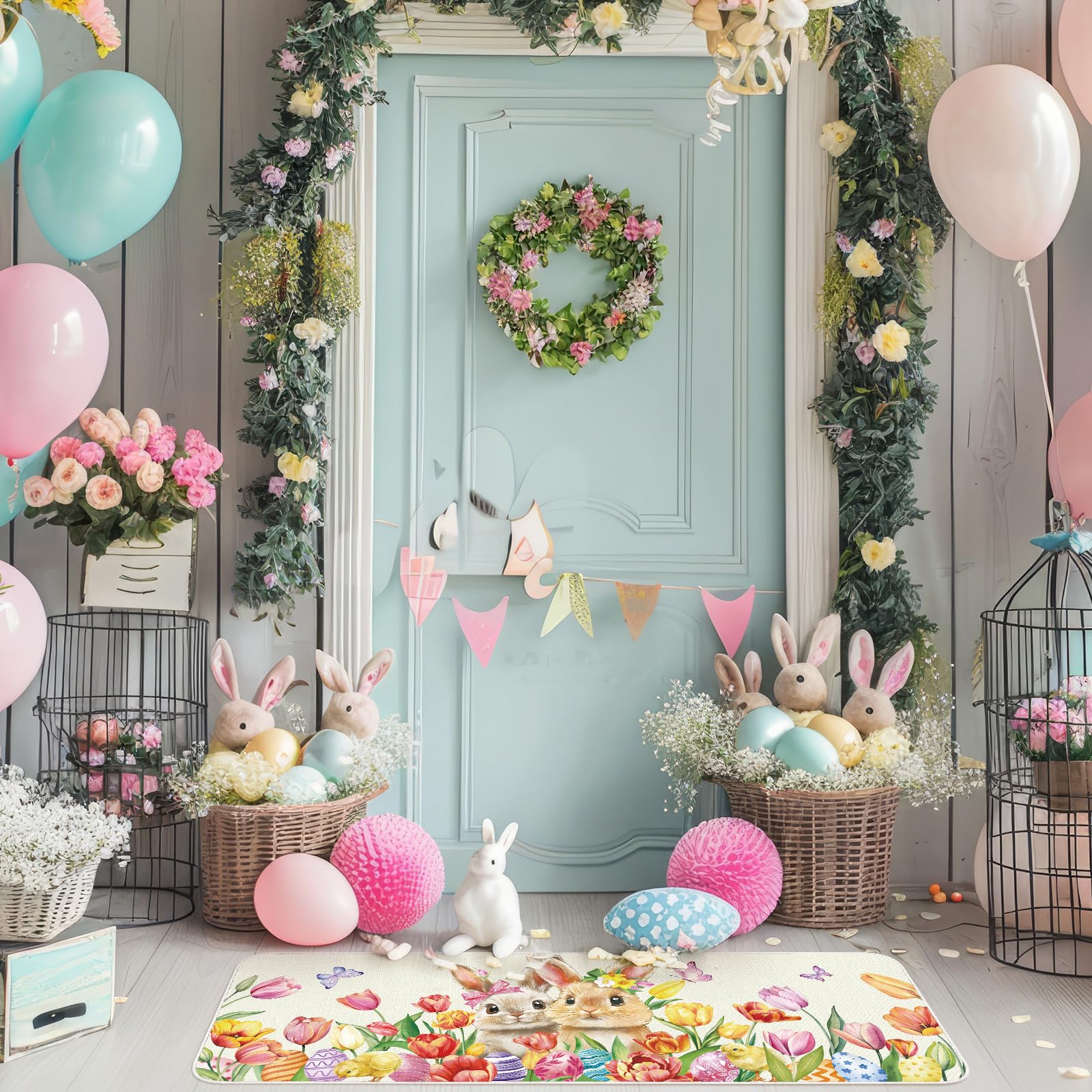 Tinideya Easter Bunny Kitchen Rugs and Mats Set of 2 Rabbit Egg Non Slip Floor Kitchen Mats Spring Colorful Home Decor Welcome Doormat for Spring Easter Home Decorations, 17x29 and 17x47 Inch - Image 2