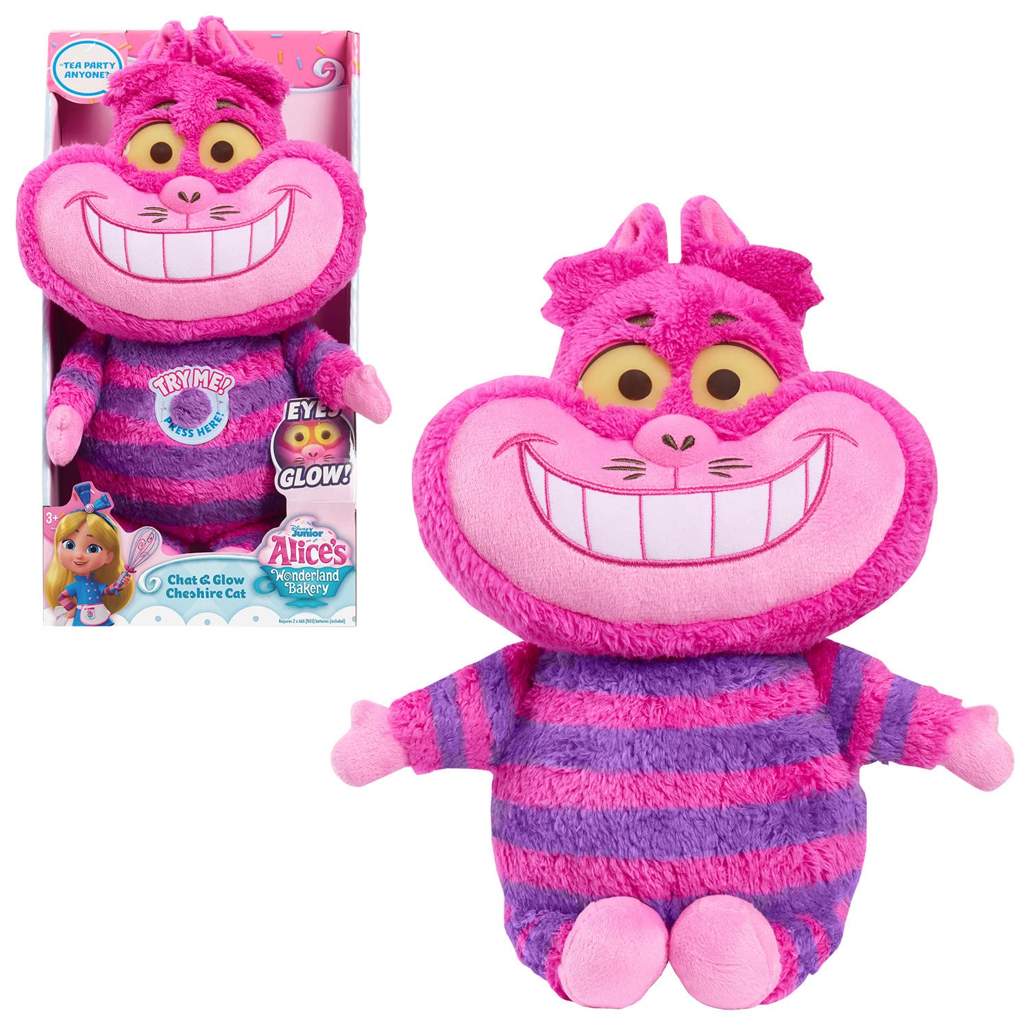 Disney Junior Alice’s Wonderland Bakery Chat & Glow Cheshire Cat, Soft and Cuddly, Cute Plushie Stuffed Animal, Officially Licenced Kids Toys for Ages 3 Up