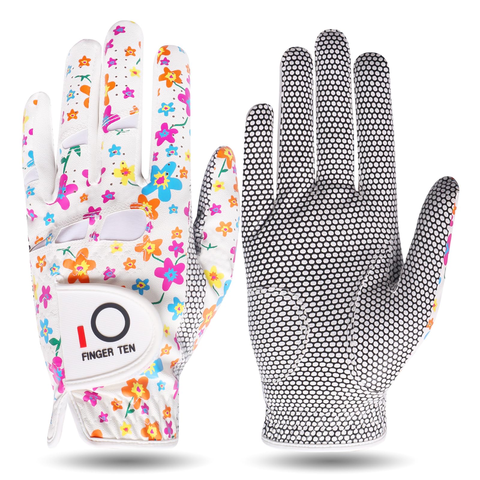 FINGER TEN Golf Gloves Ladies Left Hand with Non Slip Palm All Weather Soft Value Pack, Women Golf Glove Rain Grip Weathersof Flexible (M, Left,Colorful)