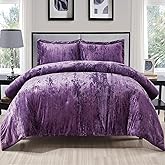 Fredsure Crinkle Velvet Comforter Set, 3 Pieces Purple Queen, Crinkle Velvet Face and Brushed Microfiber Reverse