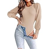 MASCOMODA Long Puff Sleeve Sweaters for Women 2026 Spring Winter Crewneck Knit Ribbed Bodysuit Pullover Tops