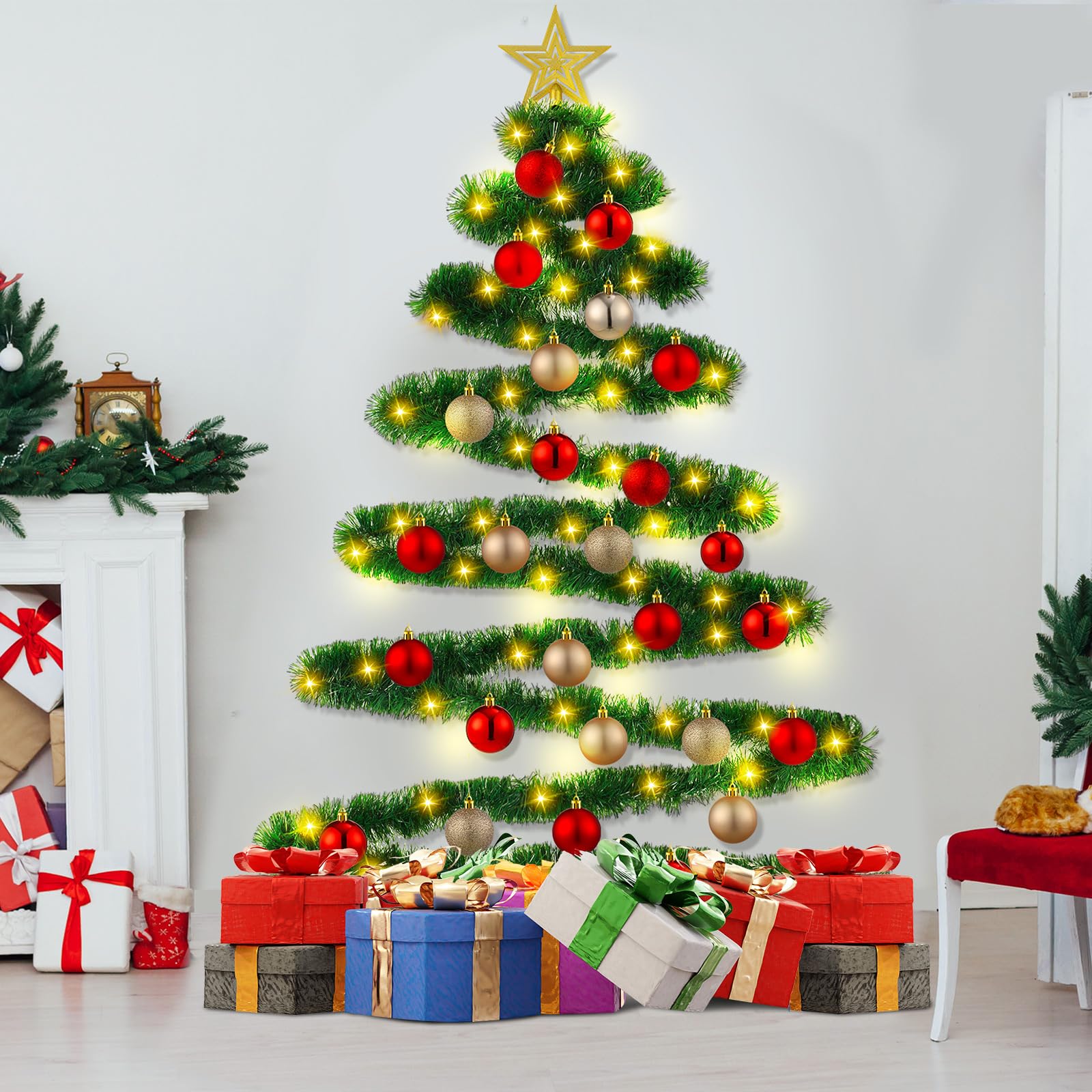 Photo 1 of Civaner 60 ft Wall Christmas Tree with LED Lights Artificial Wreath and Balls Hanging Half Wall Christmas Tree Flat Wall Mounted Christmas Tree Space-Saving Christmas Decor Ideas for Door Indoor Home