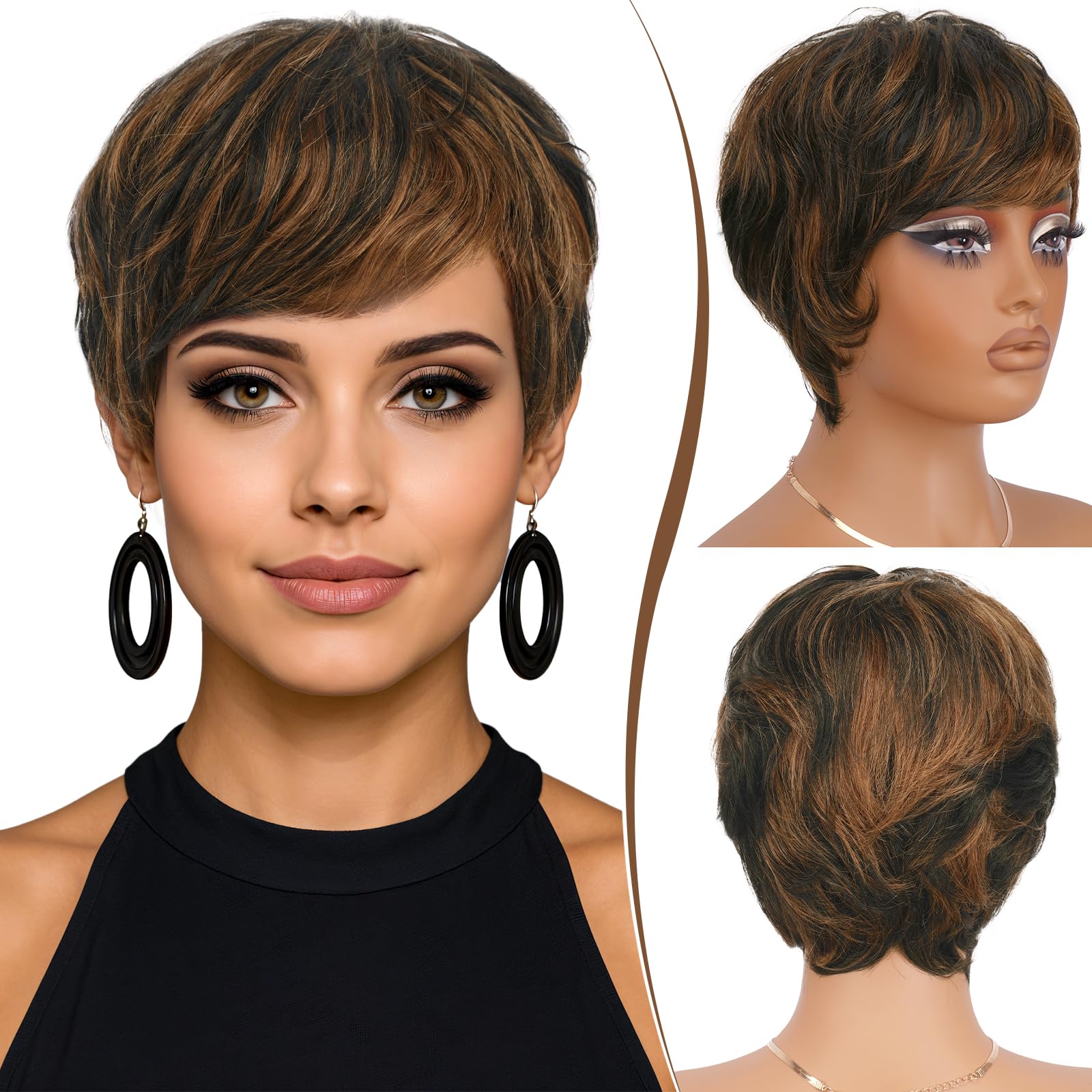 Photo 1 of RUWISS Pixie Cut Wig Human Hair – Short Wigs for Black Women with Bangs, Natural Layered Wavy Wig, Glueless, 1B/30#