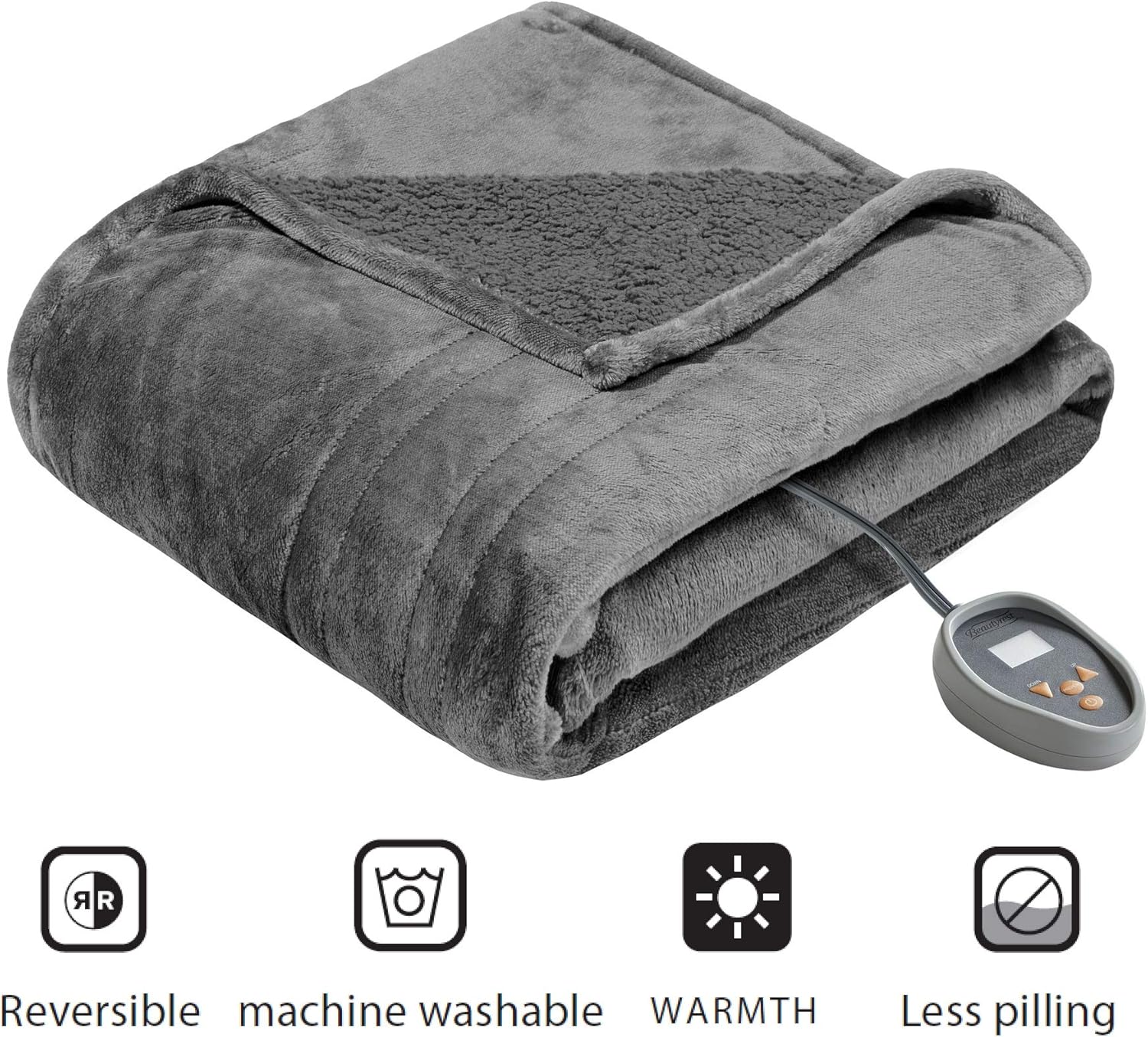 Beautyrest Heated Microlight to Berber Elect Electric Blanket with Two 20 Heat Level Setting Controllers -5 Years Warranty, King: 90x100, Grey (BR54-0419): Home & Kitchen