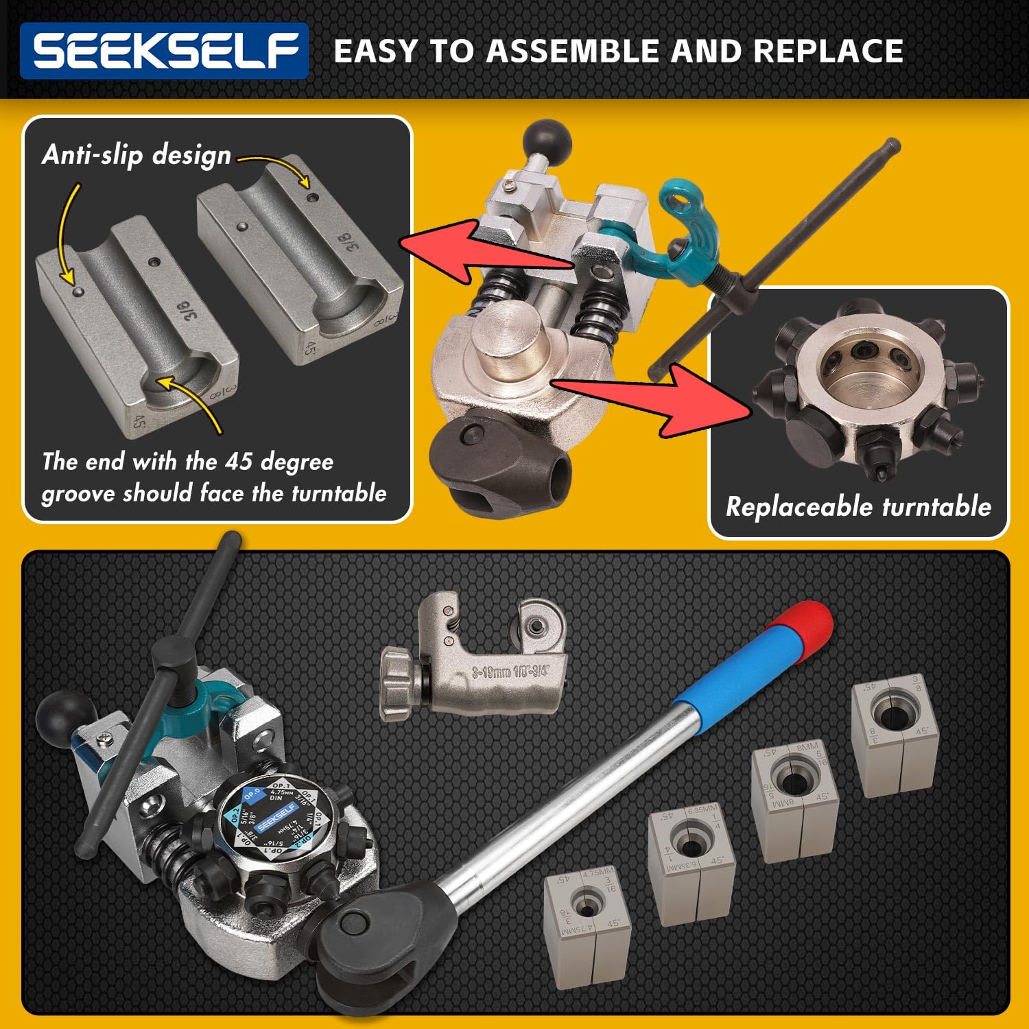 SEEKSELF Professional Bremsleitungs-Bördel-Werkzeugsatz für 45-Grad-Einzel-, Doppel- und Bubble-Bördel, 3/16", 1/4", 5/16", 3/8" und 4,75 mm Stahl-Kupfer-Metallschlauch, mit Rohrabschneider, Schwarz 5