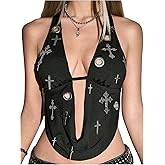 BEAUDRM Women's Punk Cross Halter Tops Grunge Grommet Eyelet Open Back Sleeveless Date Night Party Rave Crop Top