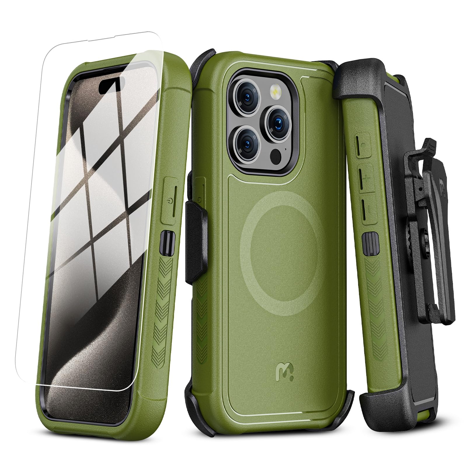 Photo 1 of M MYBAT PRO Maverick Series iPhone 15 Pro Case with Belt Clip Holster,[Compatible with Magsafe] w/Screen Protector,Anti-Drop,Shockproof,with 360°Rotating Kickstand,Heavy Duty Protection Army Green
