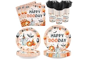 AGOOOODYSET 120pcs Halloween Party Plates Napkins Happy Boo Day Party Supplies Paper Cups Forks Disposable Ghost Bat Dinner Halloween Party Tableware Set Serves 24 Guests