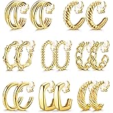 FIBO STEEL Clip On Earrings for Women Clip on Hoop Earrings Twist Chunky Hoop Earrings Non-Pierced Fake Earrings Set 8 Pairs