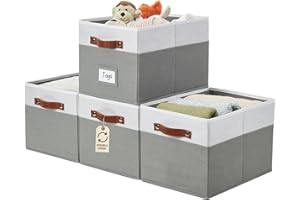DECOMOMO Storage Baskets for Shelves, 15x11x9.9 inches Foldable Storage Bins with Labels (Grey & White, 4pcs)