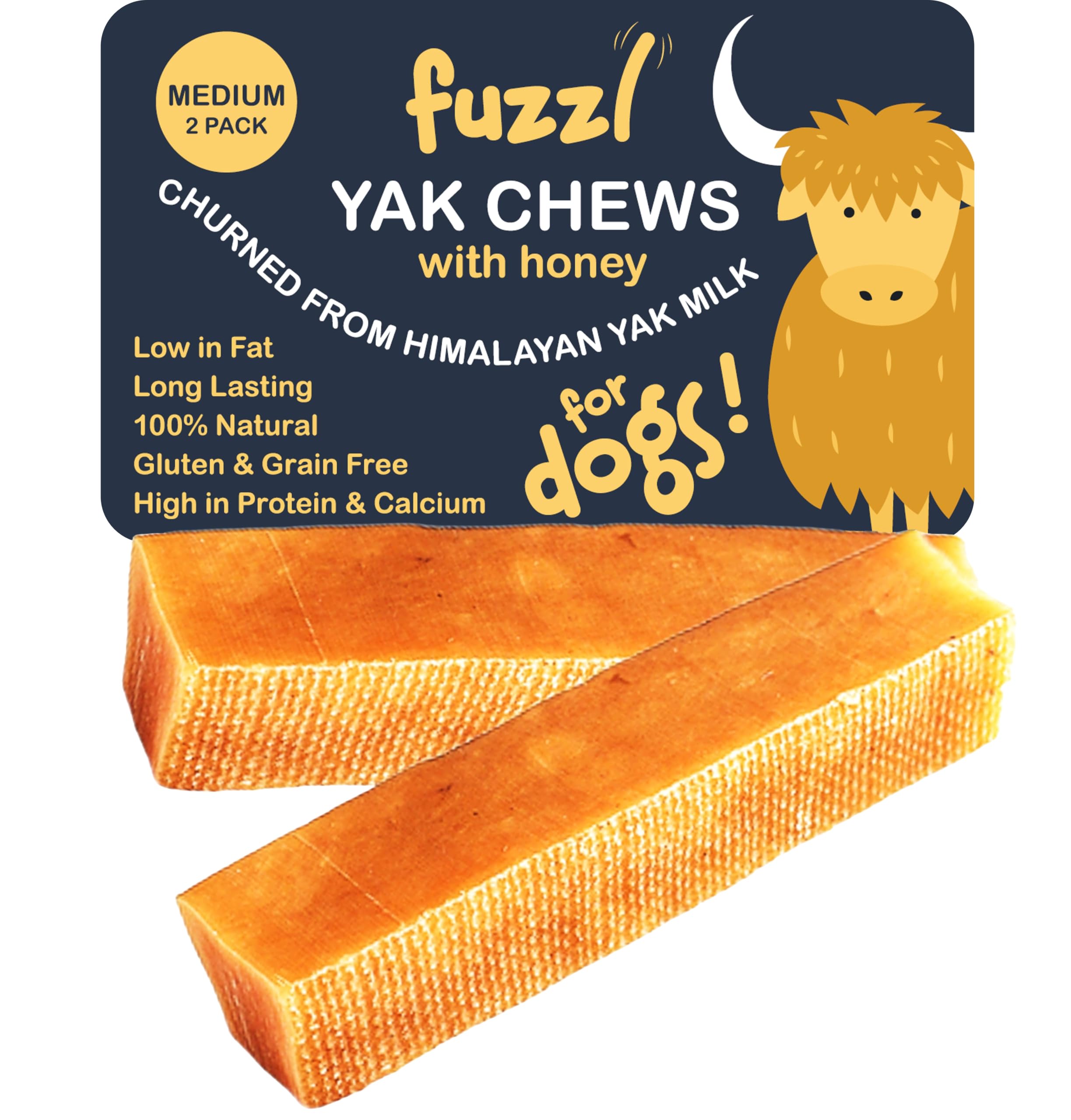 Fuzzl Yak Chews with Honey Medium 2 Pack - Himalayan Yak Chews for Dogs - Natural Dog Chew