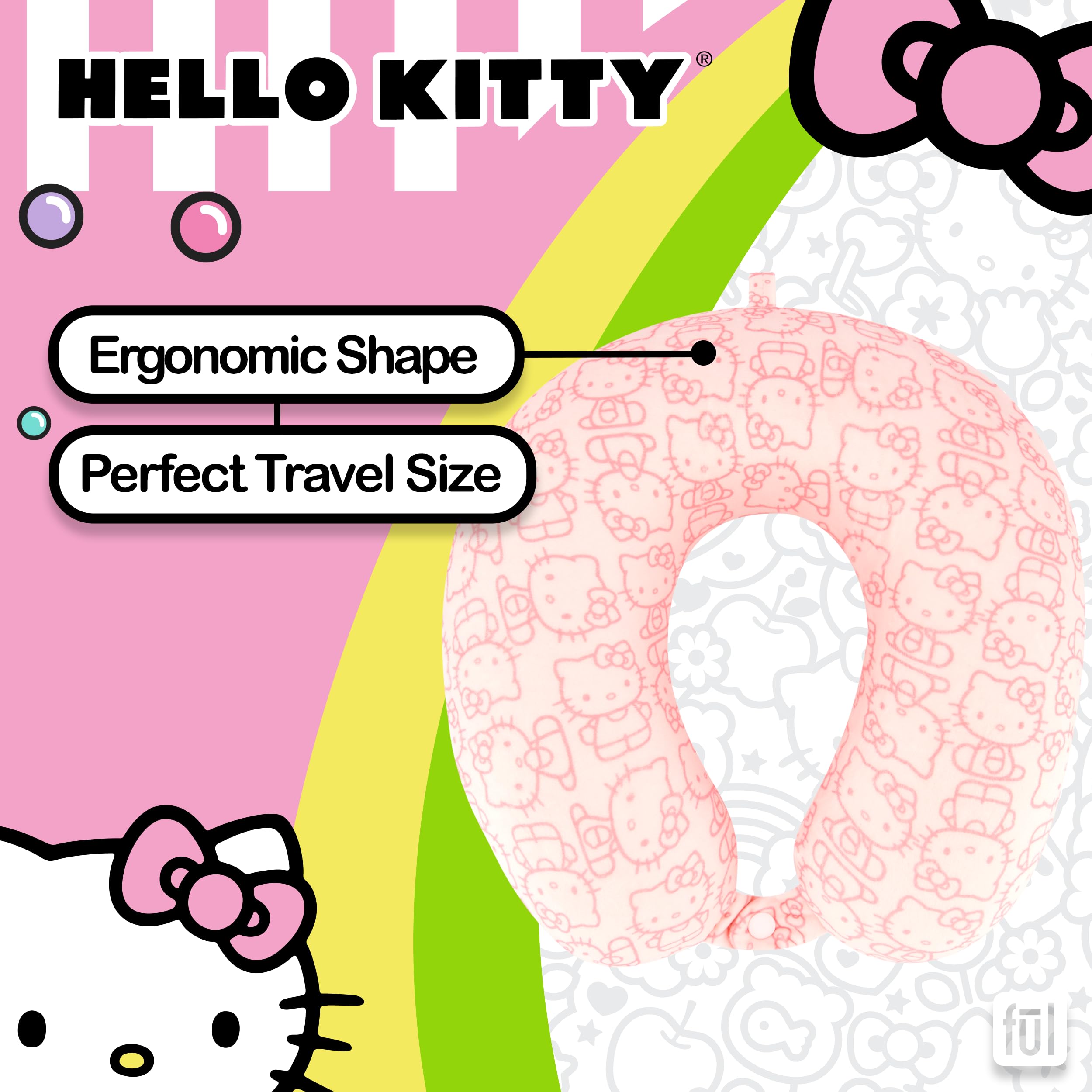 FUL Hello Kitty Neck Pillow, All Over Print Memory Foam Travel Accessories for Airplane, Car and Office, Comfortable and Breathable, Pink