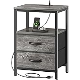 Huuger Nightstand with Charging Station, Fabric Drawers, End Table with Open Shelf, Bedside Table with USB Ports and Outlets, Night Stand for Bedroom, Gray