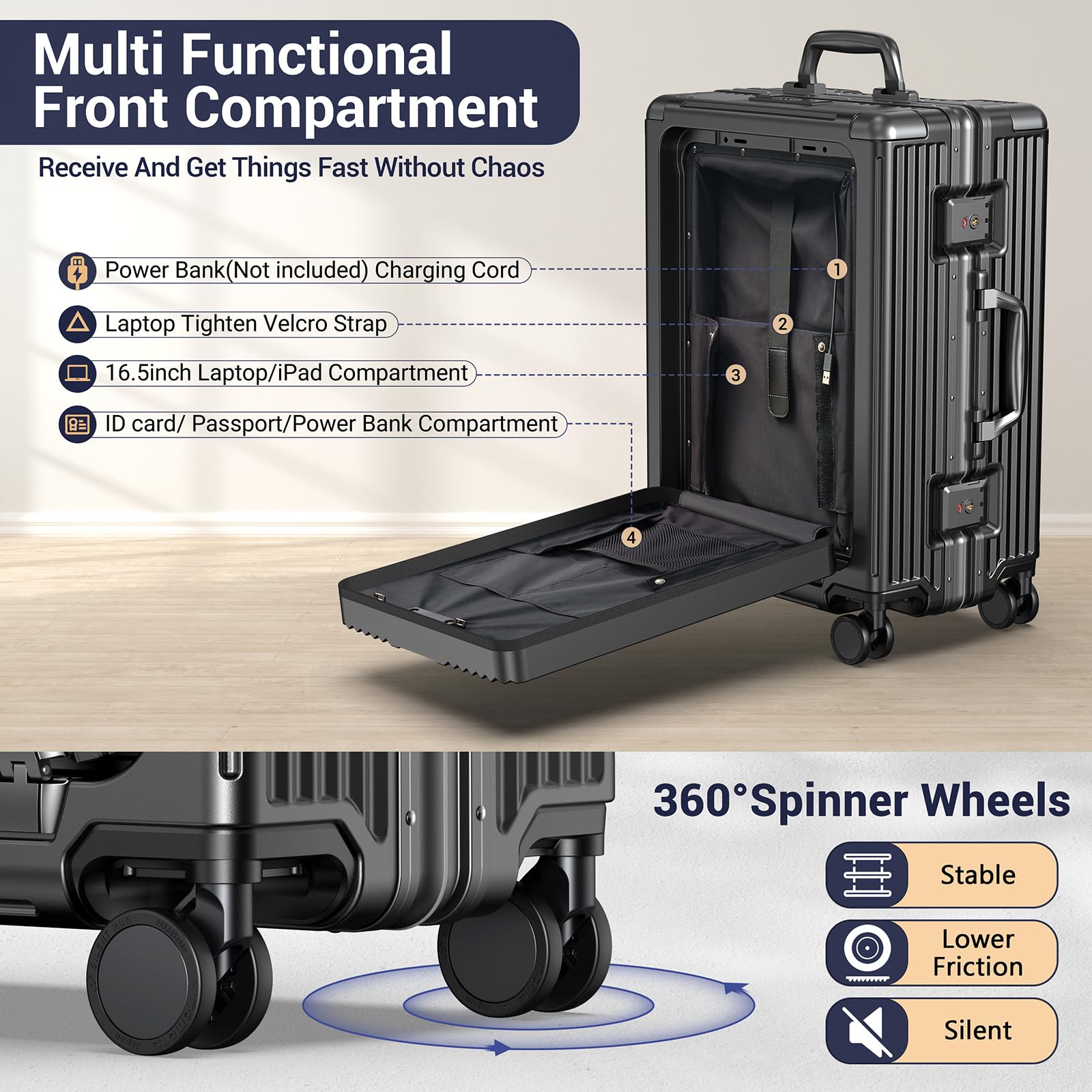 Ladplay Portable Carry on Luggage Airline Approved, Expandable Luggage for Trips, Practical Suitcase with Front Pocket ＆USB Port. (01-Black)