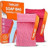 THURLADY Exfoliating Soap Saver Bags for Soap Bars, Bar Soap Scrubber Pouch | 2 Pack Rough Exfoliating Body Scrubber, Soap Bar Loofah for Women, Deep Cleansing, Rich Lathering, Long-lasting, Pink &amp; Rose