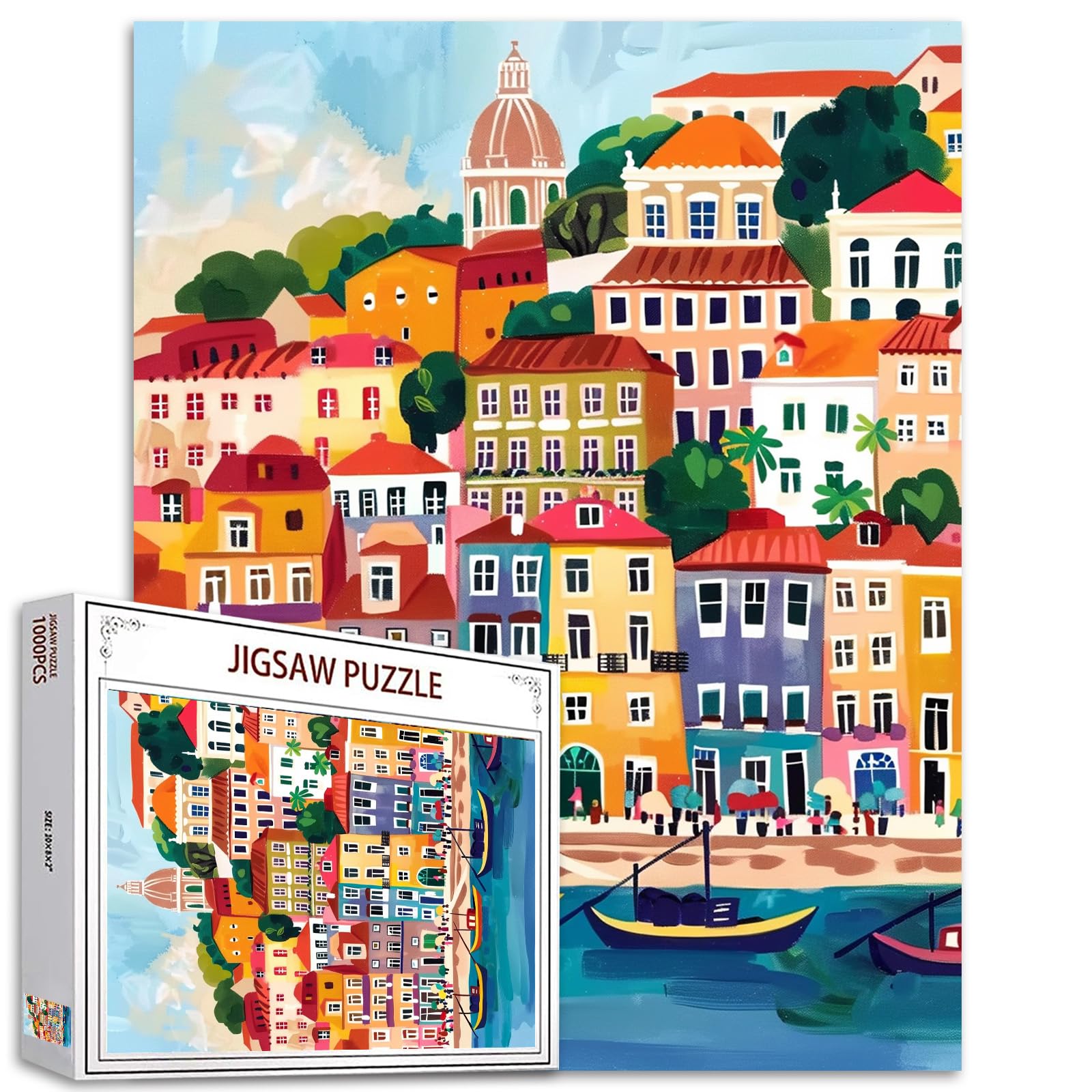 Photo 1 of 1000 Piece Jigsaw Puzzles for Adults Graffitic BuildingLandmark Painting Jigsaw Puzzle Coastle Secene Puzzles for Challenging Family Activity Game Seascape Boat Art DIY Puzzle Wall Decor Gifts(Red)