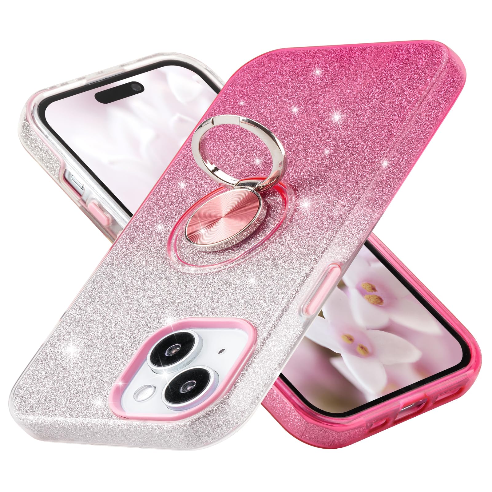 wisdompro Glitter Case for iPhone 15/ iPhone 14/ iPhone13, Bling Sparkle Case with 360° Ring Holder Kickstand Girls Women Cute Protective Cover Phone Case for iPhone 15/14/13 (6.1 Inch) -Gradient Pink