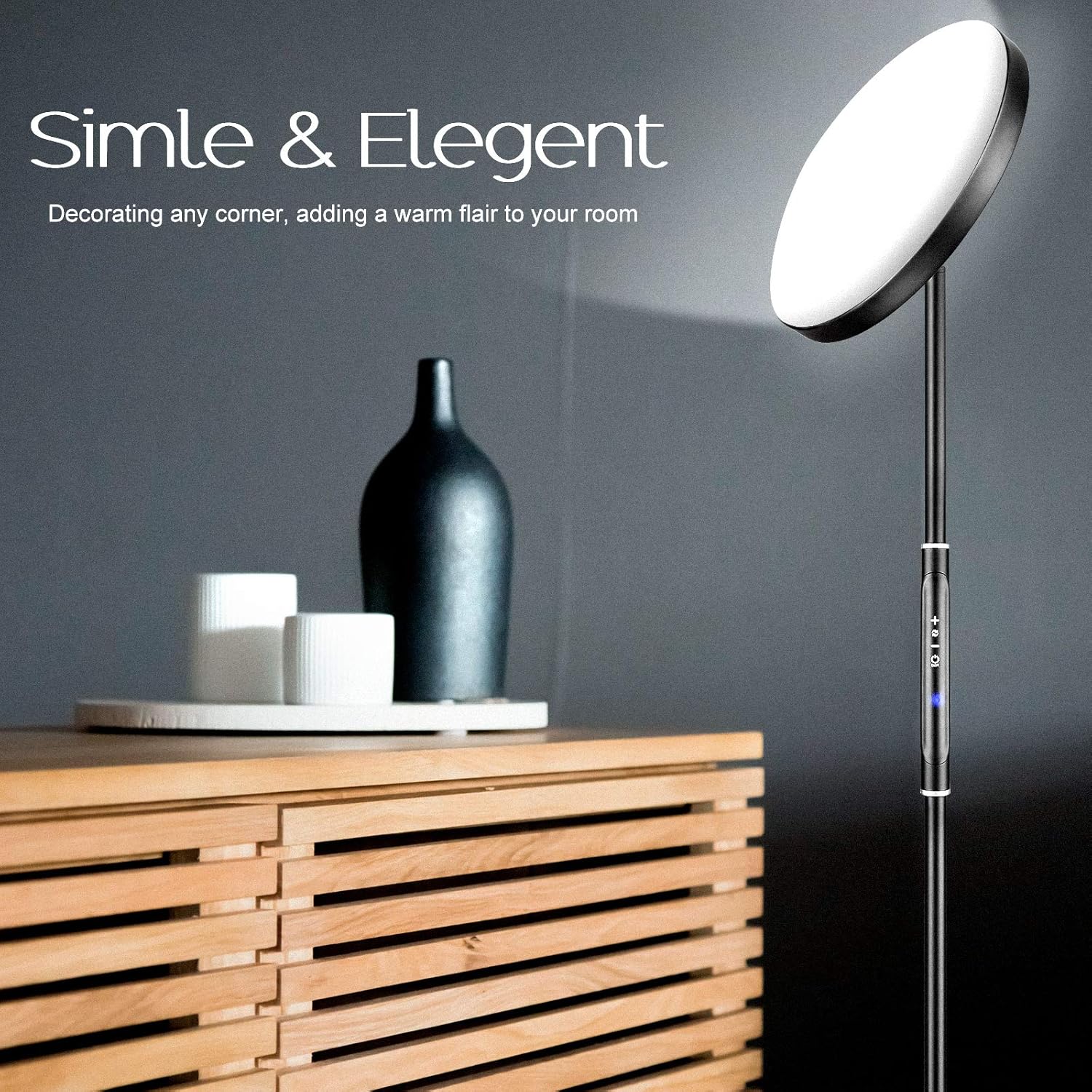 Floor Lamp, Colorsmoon 2200LM Super Bright Sky LED Torchiere, 5 Color Temperature Dimmable Tall Standing Light with Remote Control for Living Room, Bedroom, Office (Black) - - 